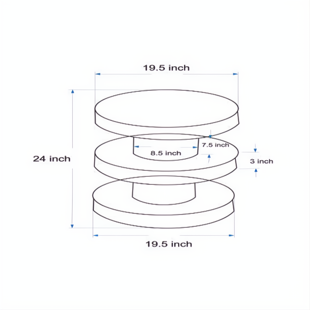Diagram of a 24-inch high cream iron end table with three tiered round shelves.