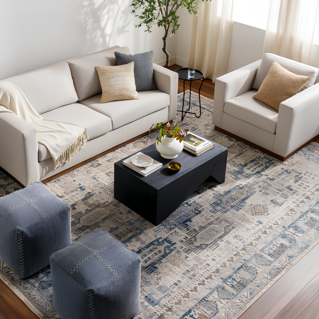 Surya Neemrana black brushed acacia wood coffee table with exposed grain in a modern living room.