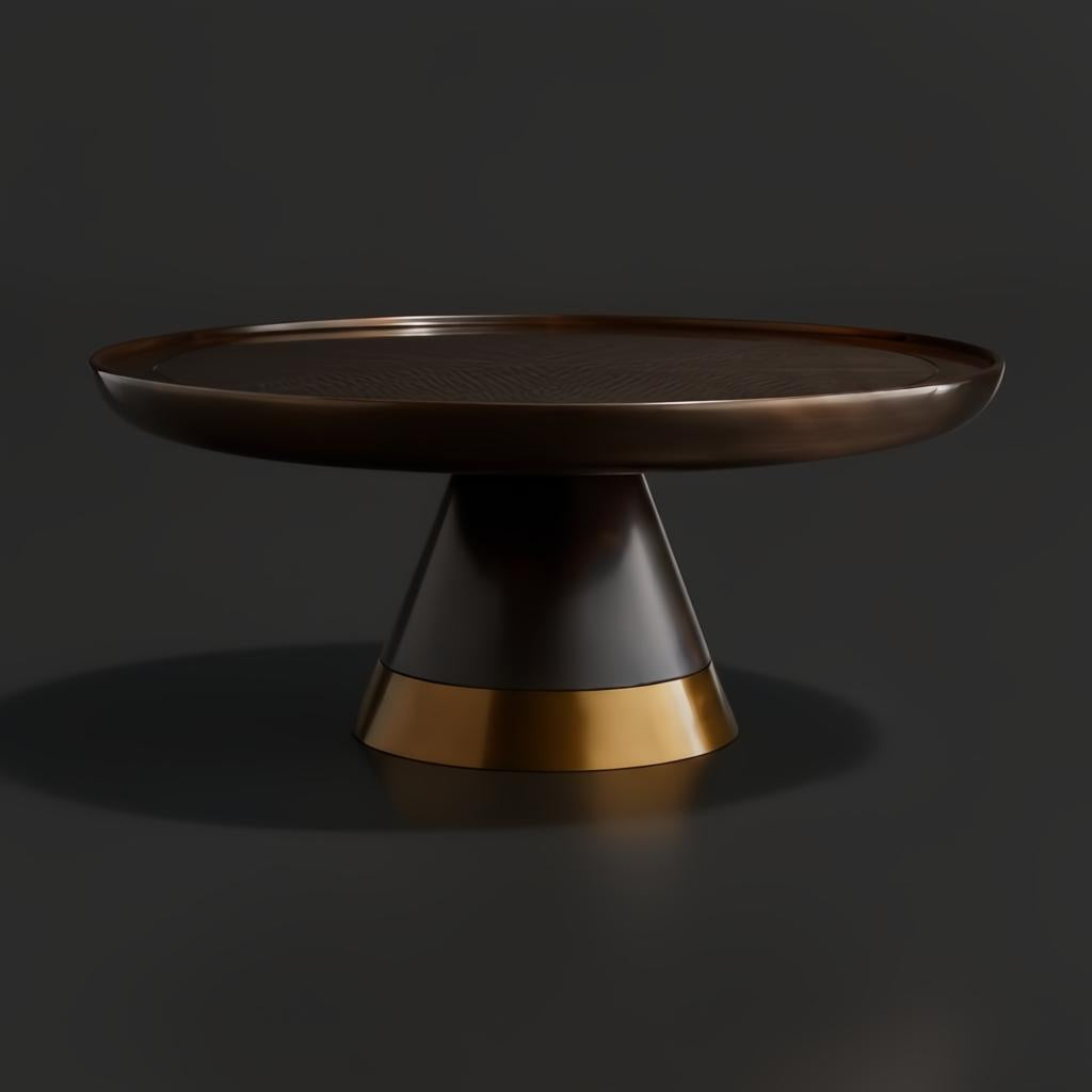 Violi Cocktail Table: Sleek, modern dark bronze metal table with a round top and conical base with a brass accent.