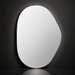 Modern organic-shaped mirror with a thin black frame against a dark wall.