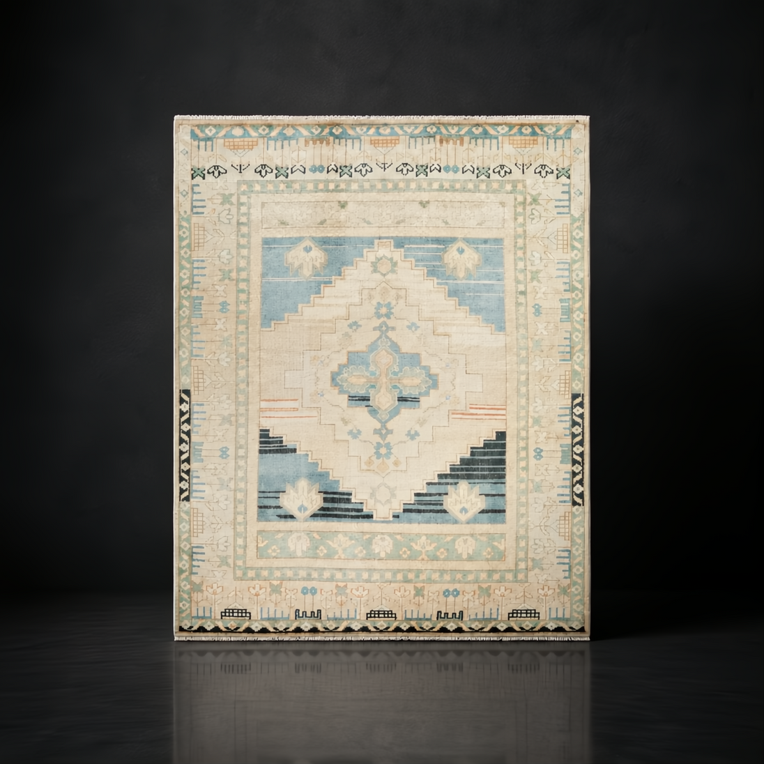 Surya Anadolu AAU-2301 hand-knotted wool and viscose area rug with traditional light blue, cream, and black patterns.
