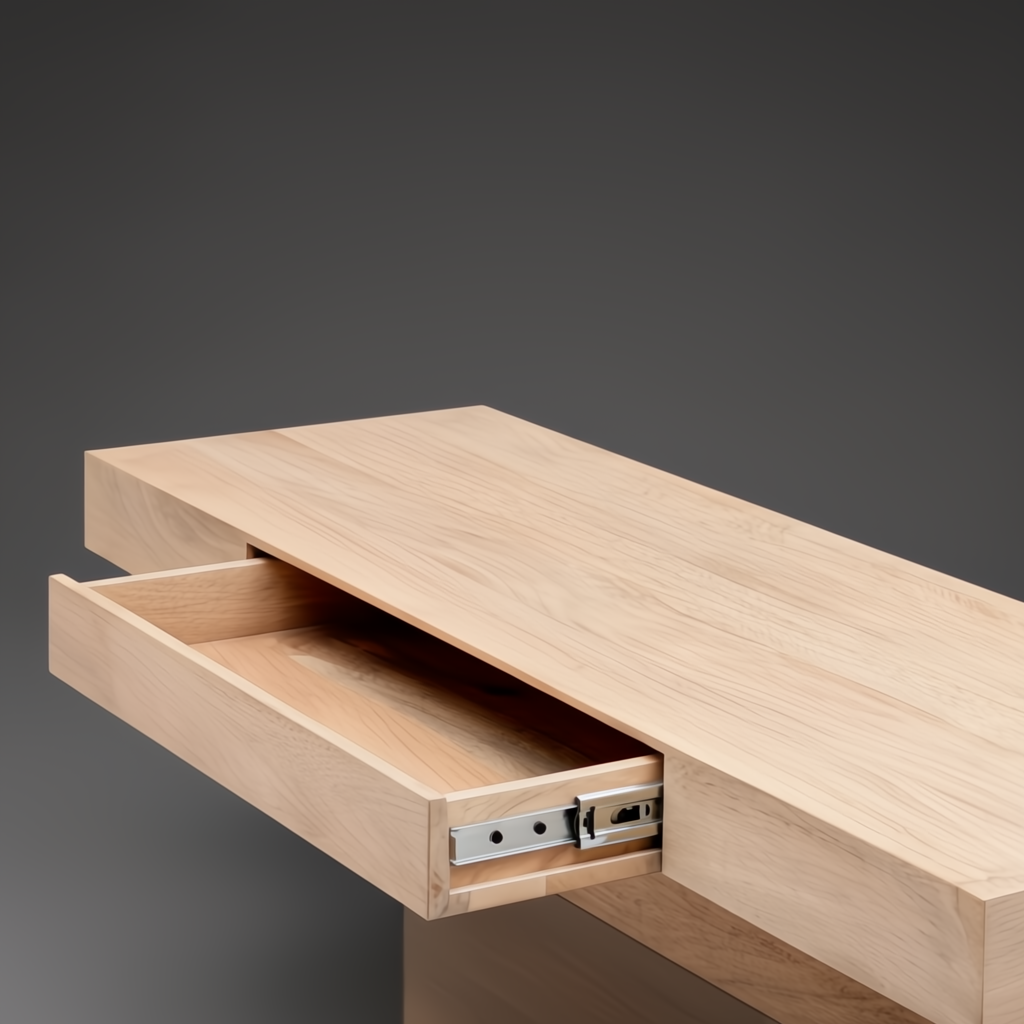 Minimalist modern brown lacquered mango wood console table with an open soft-close drawer and plinth base.