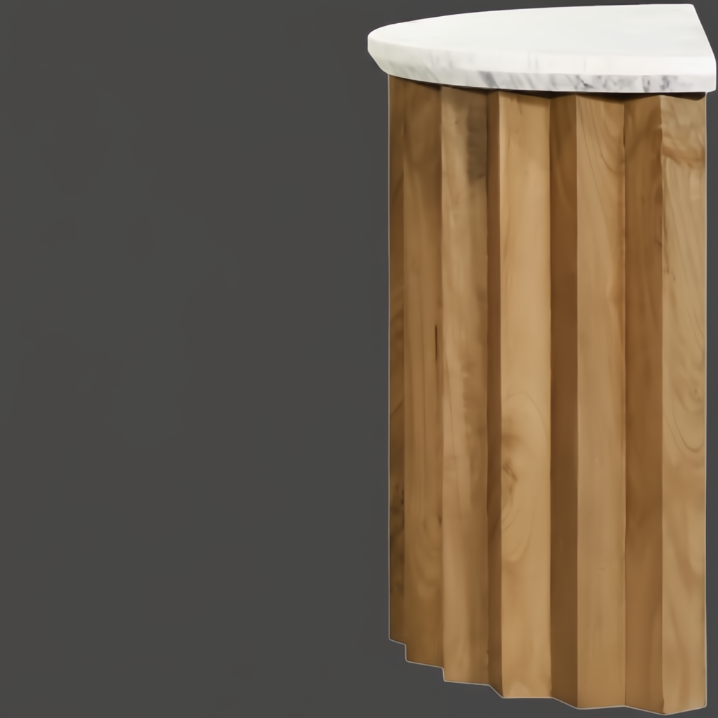 Surya Piestra demilune end table with white marble top and brown zigzag fluted mango wood base.