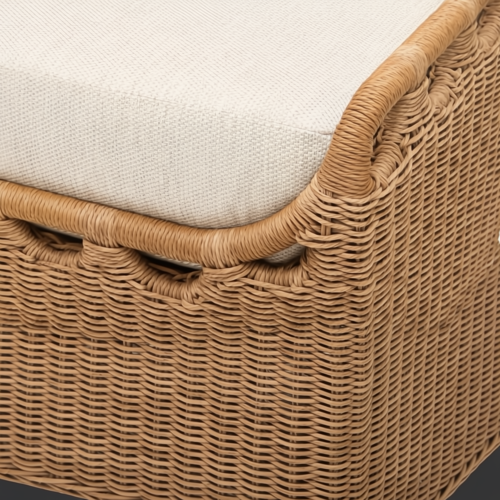 Close-up of a Surya Marvella Ottoman, featuring a light beige cushion on a natural wicker-style base.