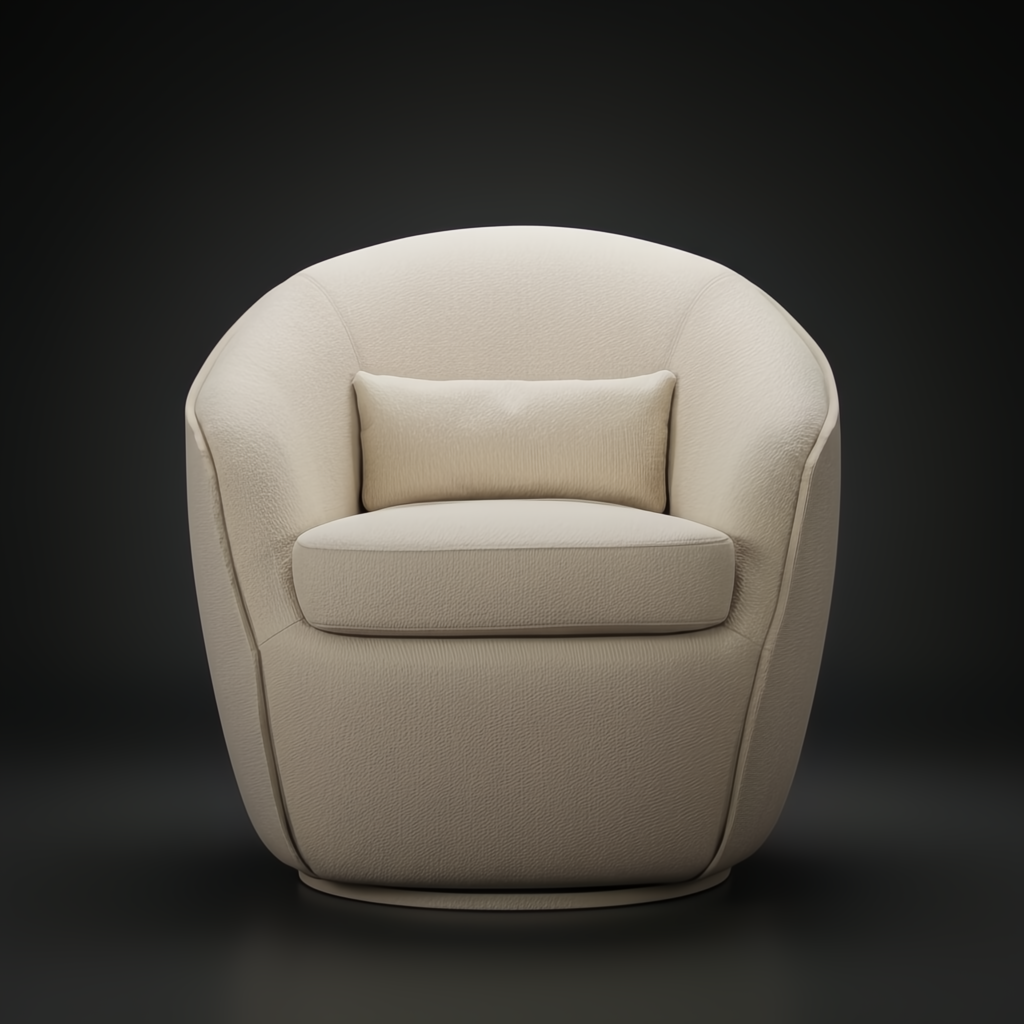 Surya Ariah beige swivel chair with polyester upholstery and a small lumbar pillow.