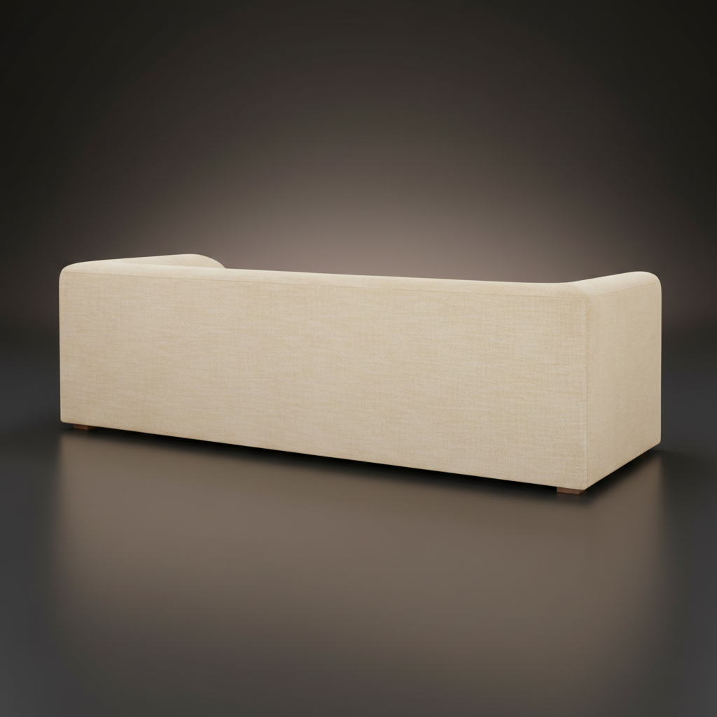 Back view of a modern Surya Amory beige fabric sofa with clean lines and a refined profile.