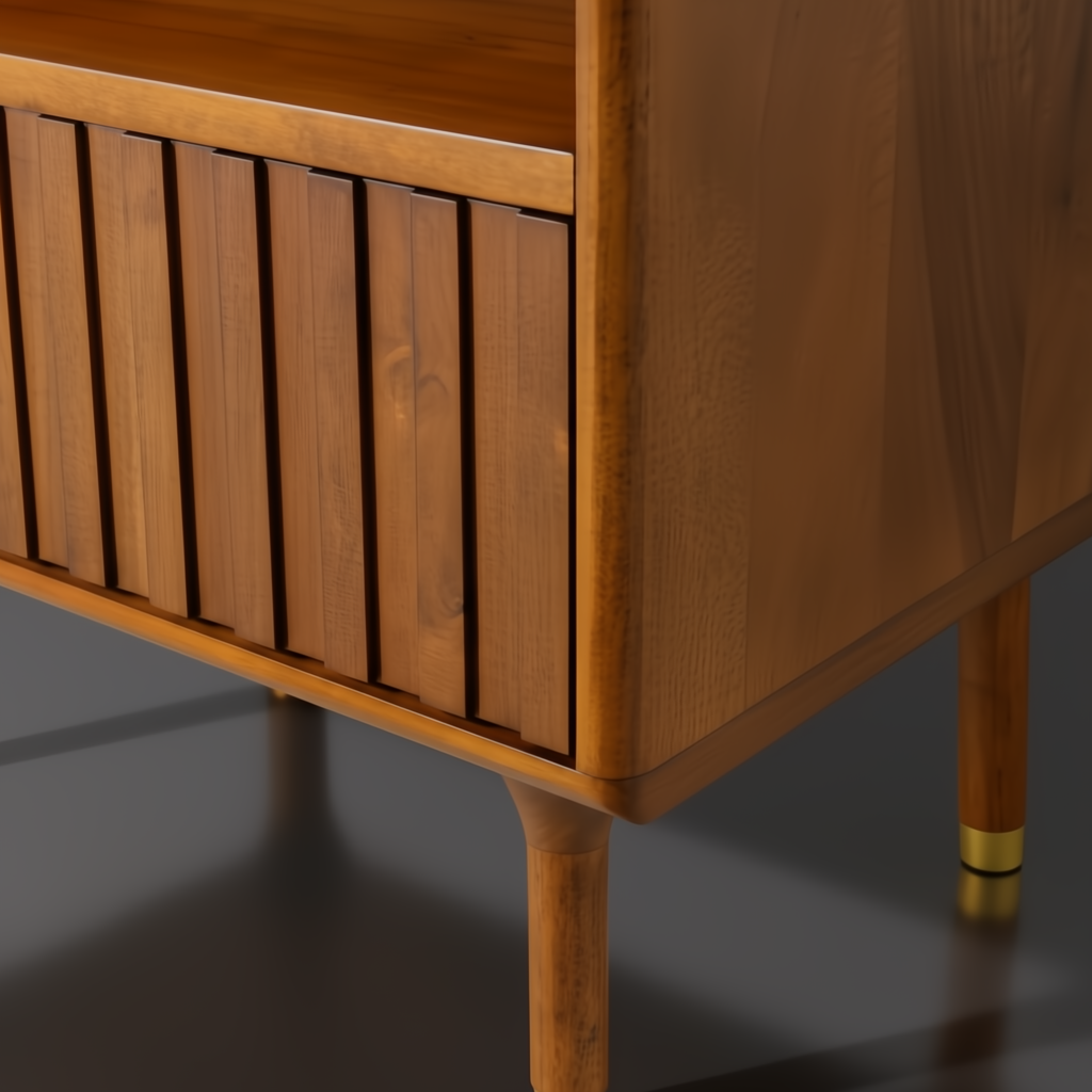 Brown Madri nightstand with minimalist modern design, slatted drawer, open shelf, and tapered legs with brass accents.