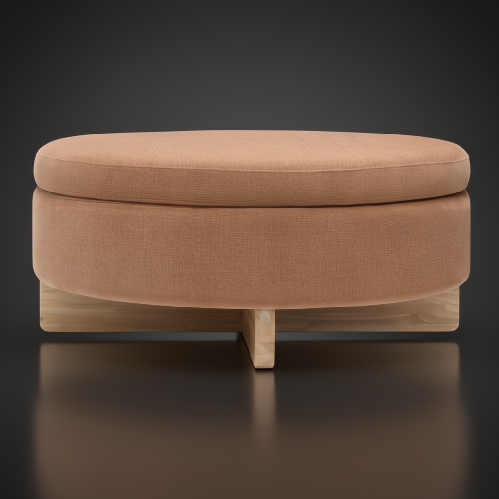 Surya Corson round storage ottoman with peach polyester upholstery and light wood base.