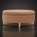 Surya Corson round storage ottoman with peach polyester upholstery and light wood base.