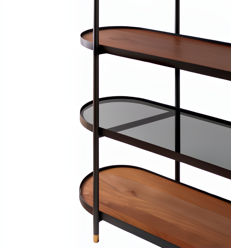 Modern Surya Pearson bookcase with dark brown wood, smoked gray glass shelves, black iron frame, and brass caps.