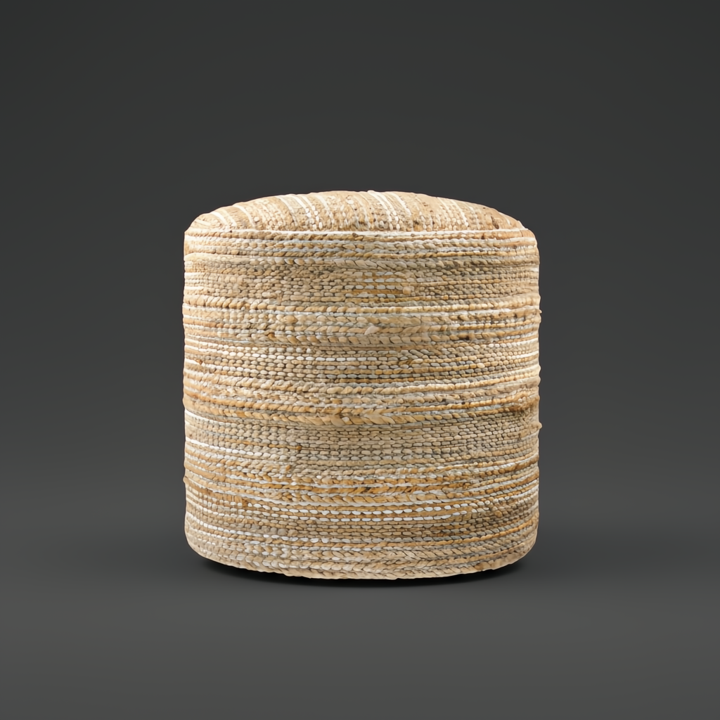 Camel Surya Denpasar Pouf with woven jute and cotton top, raw edge detail, 18-inch cube size.