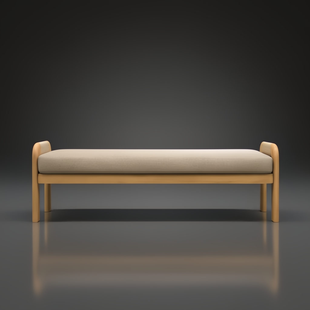 Surya Palma outdoor bench with light beige Sunbrella upholstery and natural teak wood frame.
