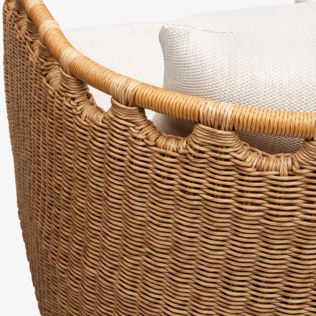 Close-up of a Marvella outdoor sofa, showing its woven light brown wicker frame and a cream cushion.