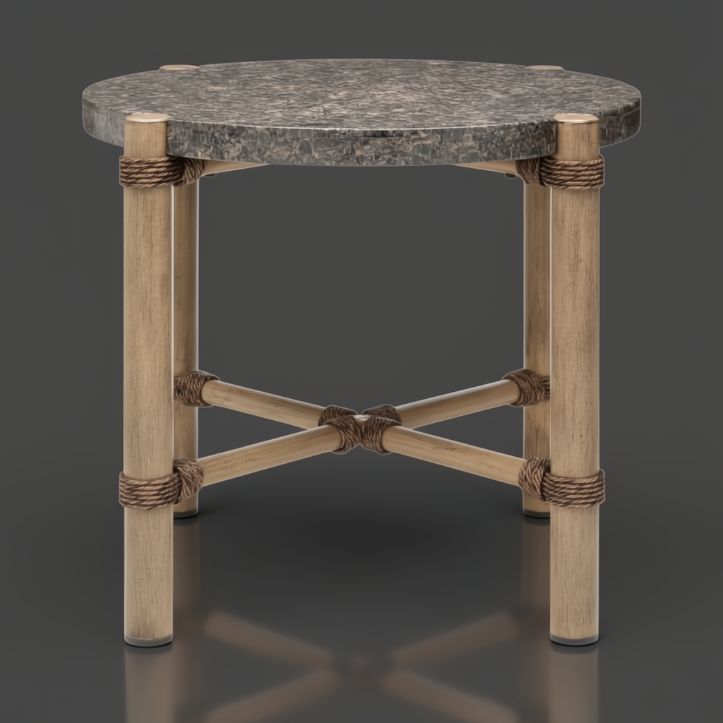 Round Surya Porta End Table with dark brown matte stone top, brown aluminum base, and PE rope detail.