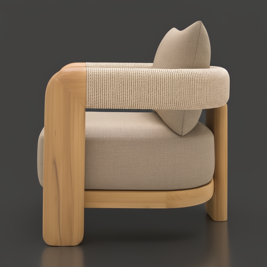 Surya Palma Accent Chair with light beige Sunbrella cushions, teak wood frame, and PE rope-wrapped arms.