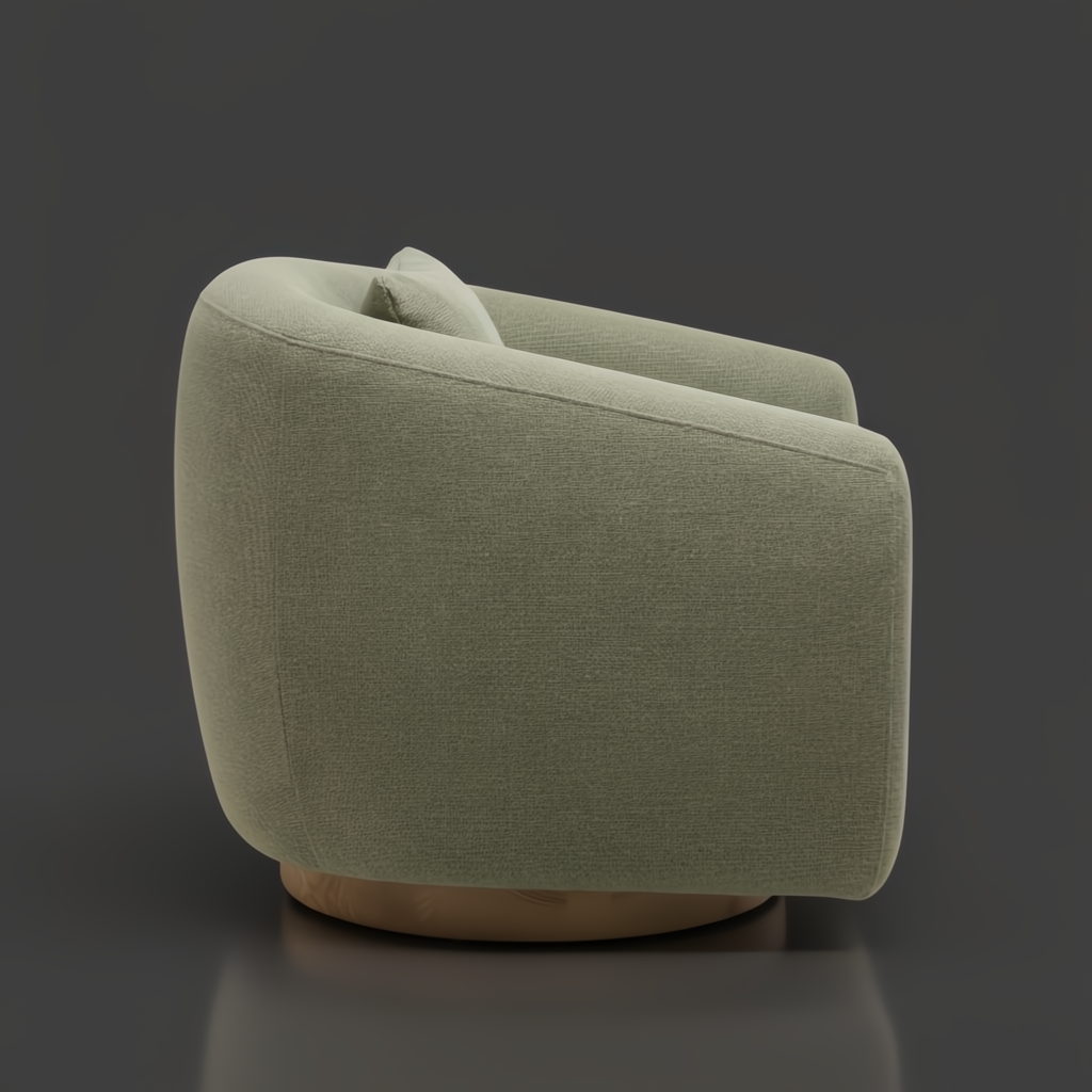 Surya Loma grass green upholstered swivel chair with a brown ash wood base and a small pillow.