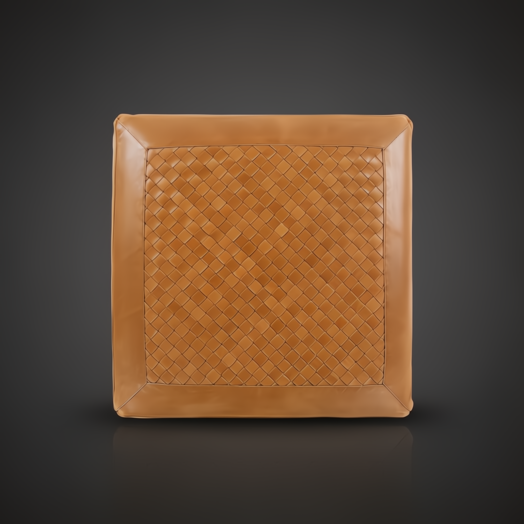 Traditional cube-style ottoman with a brown woven leather top and smooth leather trim.