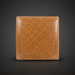 Traditional cube-style ottoman with a brown woven leather top and smooth leather trim.