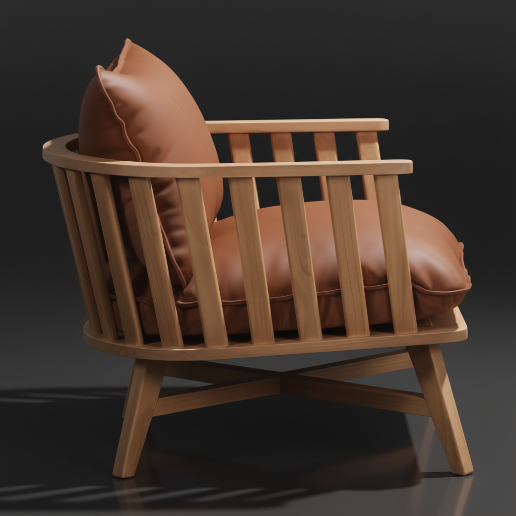 Surya Arco accent chair with brown leather cushions and a natural beechwood slatted frame.
