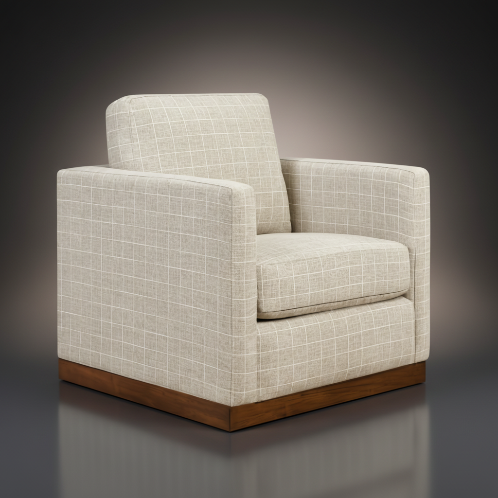 Surya Glendon swivel chair with brown polyester-linen upholstery, white grid pattern, and brown rubber wood base.