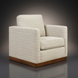 Surya Glendon swivel chair with brown polyester-linen upholstery, white grid pattern, and brown rubber wood base.