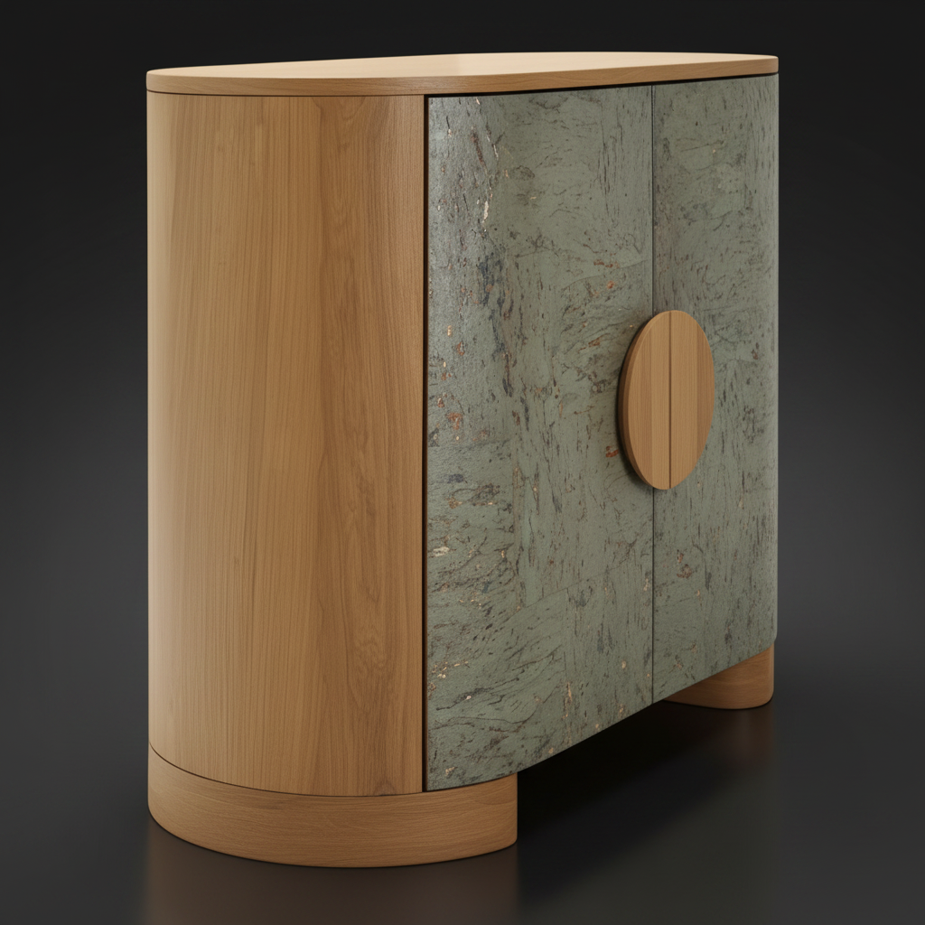 Surya Poros Cabinet with green lacquered cork veneer doors, brown natural oak base, and round wood handle.