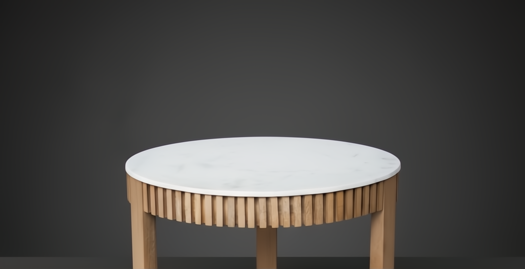 Surya Rosemary coffee table with white marble top and natural mango wood base with vertical slat design.