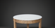 Surya Rosemary coffee table with white marble top and natural mango wood base with vertical slat design.