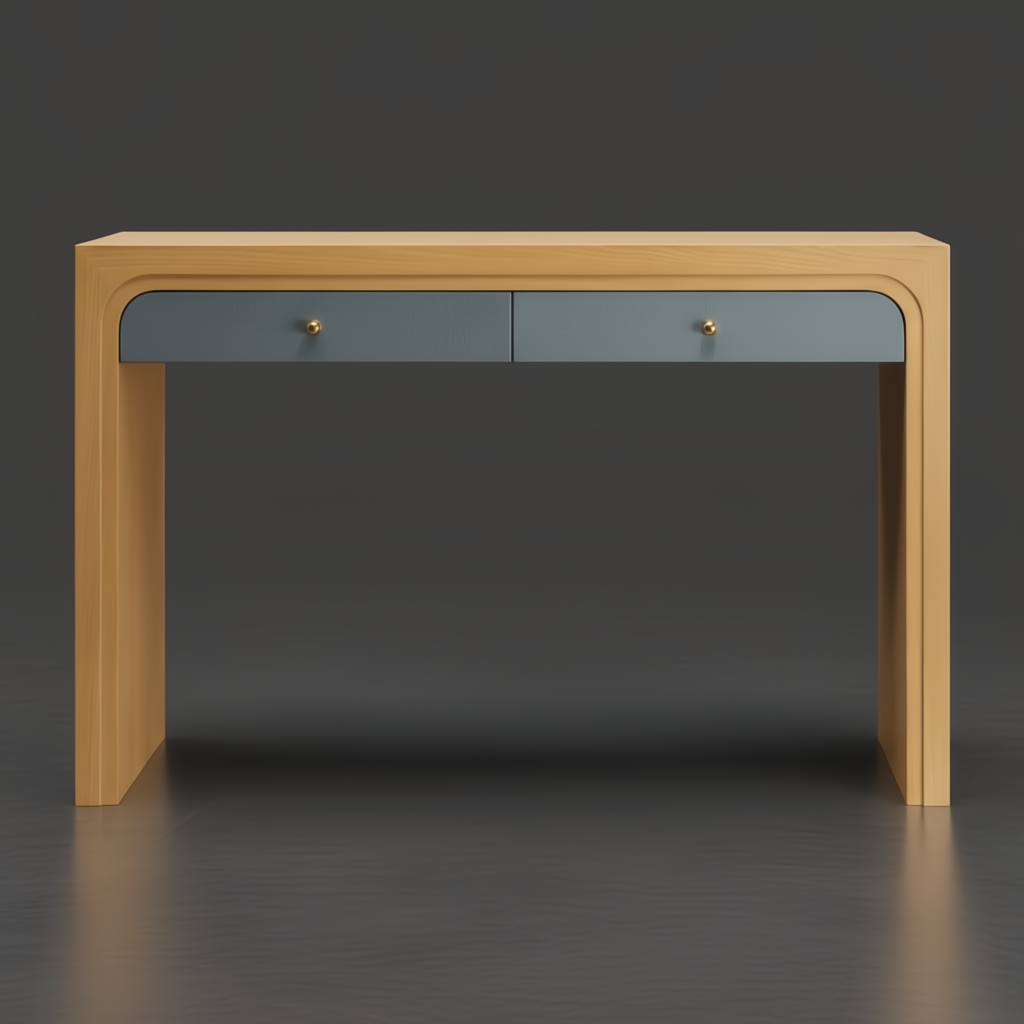 Surya Helene console table: brown lacquered oak veneer with blue resin grasscloth drawers and brass knobs.