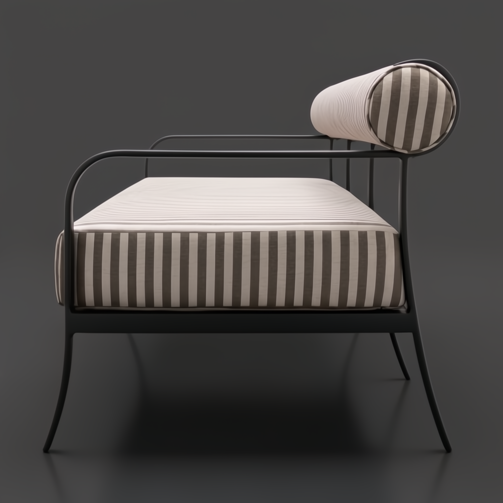 Surya Antibes outdoor sofa with brown and beige striped Sunbrella cushions on a black aluminum frame.