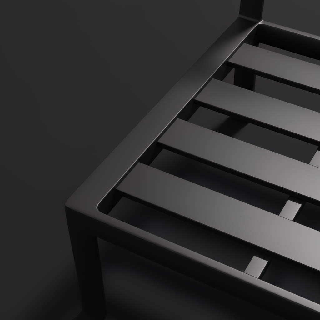 Close-up of the black powder-coated aluminum base of the Surya Antibes outdoor dining chair.