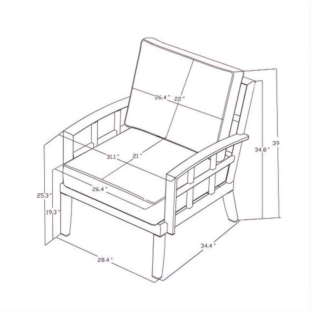 Surya Fairborn black accent chair with Sunbrella® acrylic cushions and aluminum base, showing dimensions.