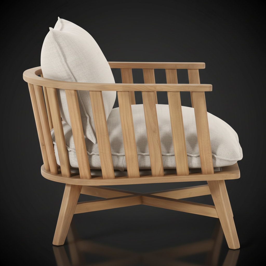 Surya Arco accent chair with light beige linen cushions and a natural wood slatted frame.