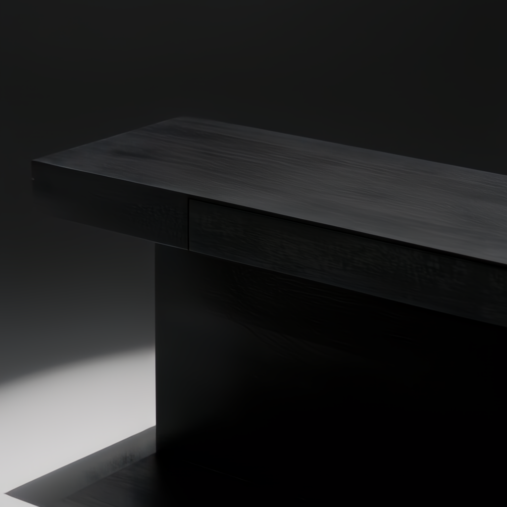 Surya Coburn black brushed mango wood console table with a minimalist modern design, soft-close drawer, and plinth base.