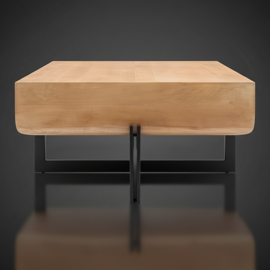 Surya Lowmax coffee table with a light brown mango wood top and a black cast iron base.