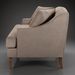 Surya Maywood accent chair with light brown polyester upholstery, dark brown rubber wood base, and two pillows.