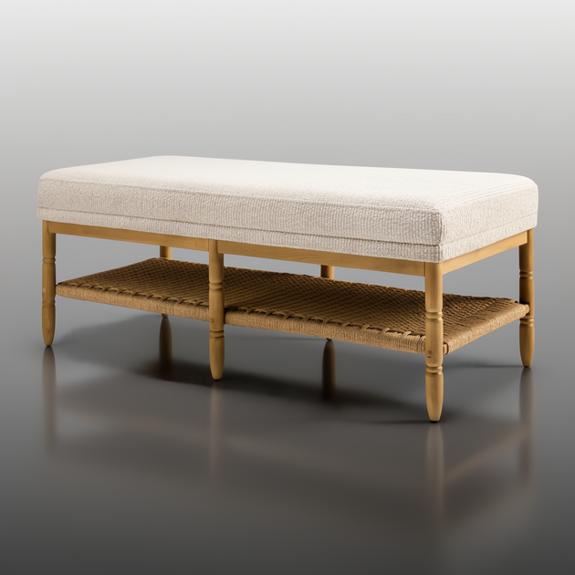 Surya Landi Bench with light beige upholstered top, rubber wood frame, and woven brown storage shelf.
