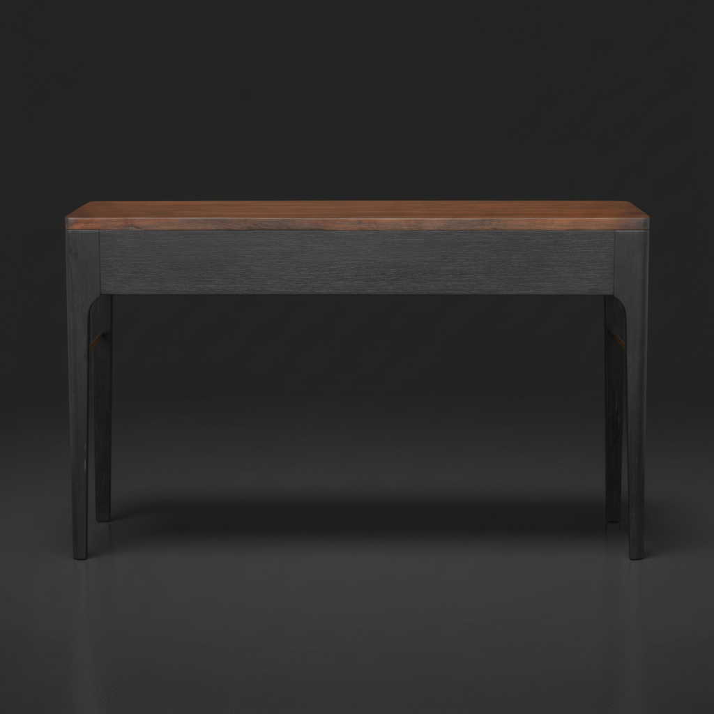 Surya Anello console table with brown stained oak veneer top, black rubber wood base, and brass accents.