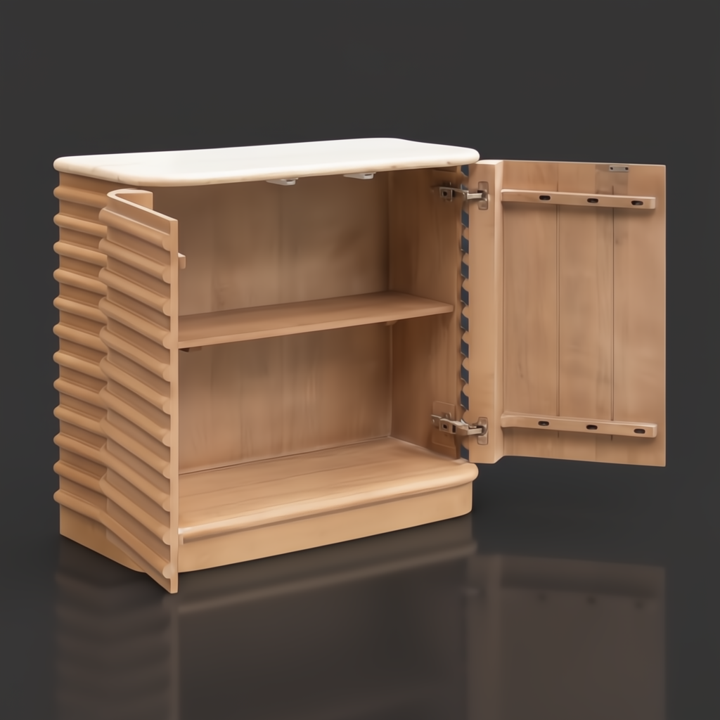 Beige lacquered mango wood cabinet with a polished marble top, open door revealing an adjustable shelf.