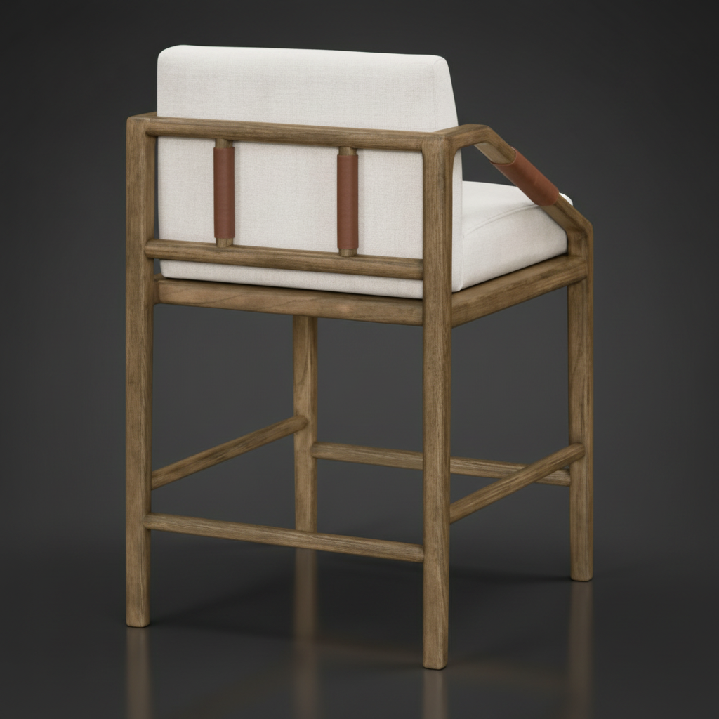 Surya Atra counter stool with light beige upholstery, brown stained red oak frame, and leather cord wrap.