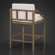 Surya Atra counter stool with light beige upholstery, brown stained red oak frame, and leather cord wrap.