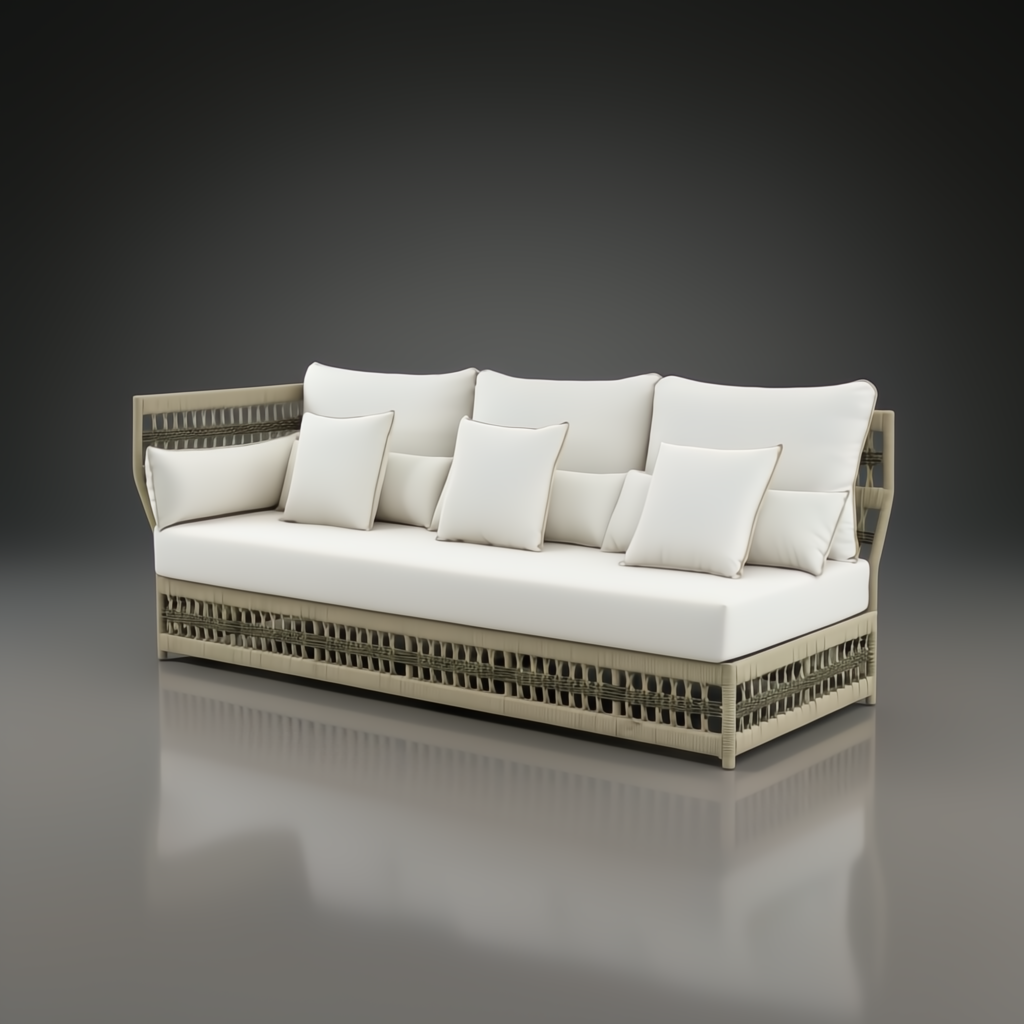 Surya Winder Sectional Left Arm outdoor sofa with cream Sunbrella upholstery and woven aluminum frame.