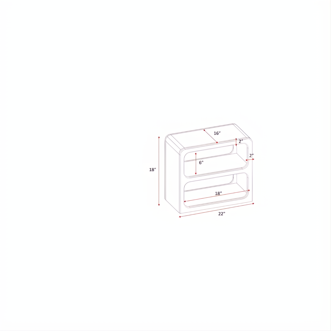 Diagram of the Surya Tana End Table, an 18"H x 22"W x 16"D ivory mango wood table with two shelves.