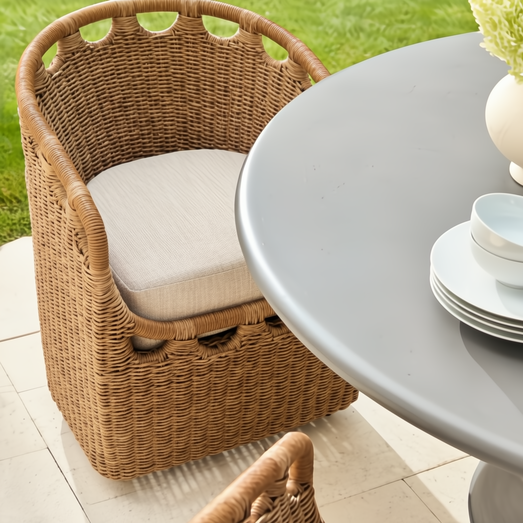 Surya Marvella indoor/outdoor dining chair with woven dark brown Sunbrella® acrylic and light cushion.
