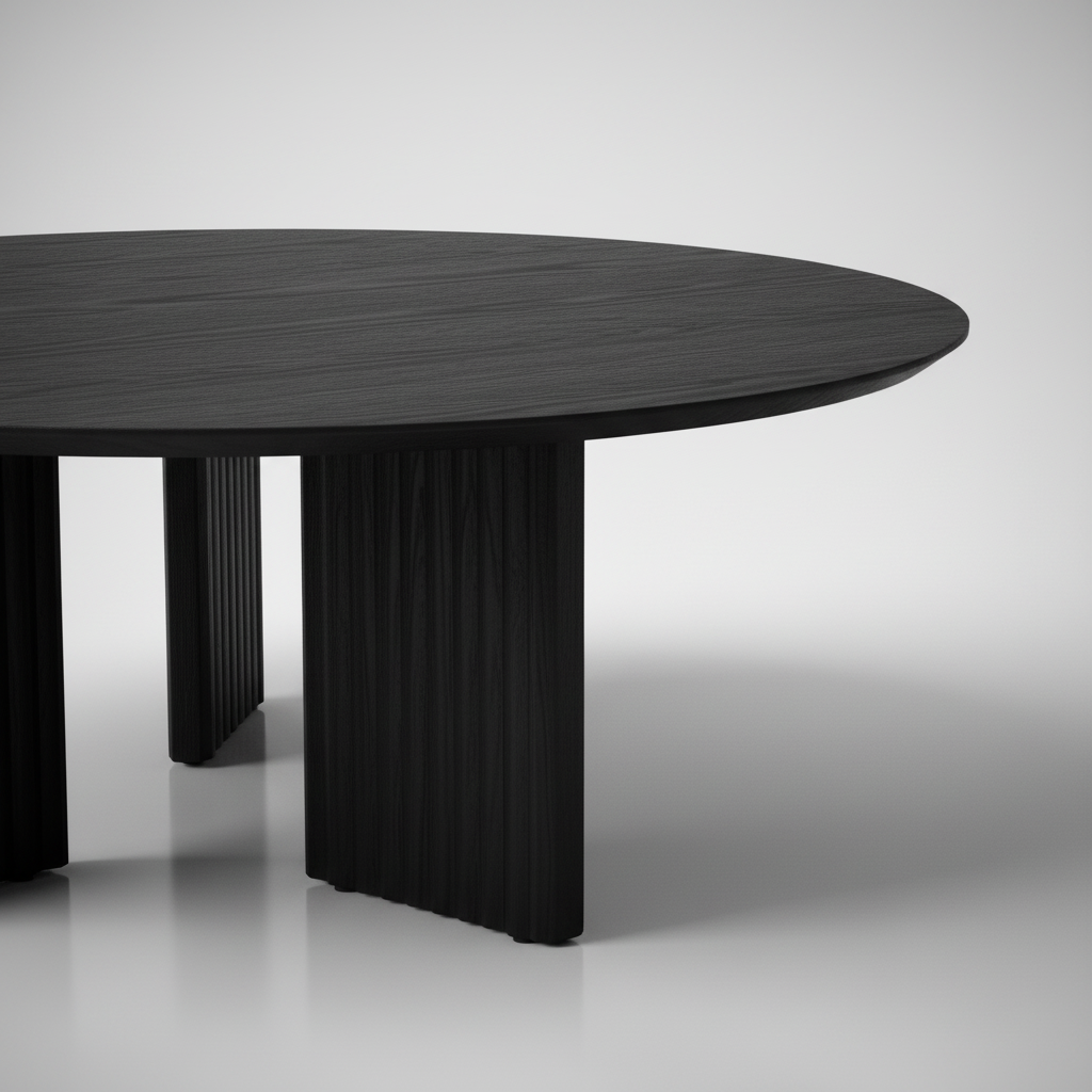 Blackened mango wood round coffee table with a beveled edge top and zigzag fluted legs.