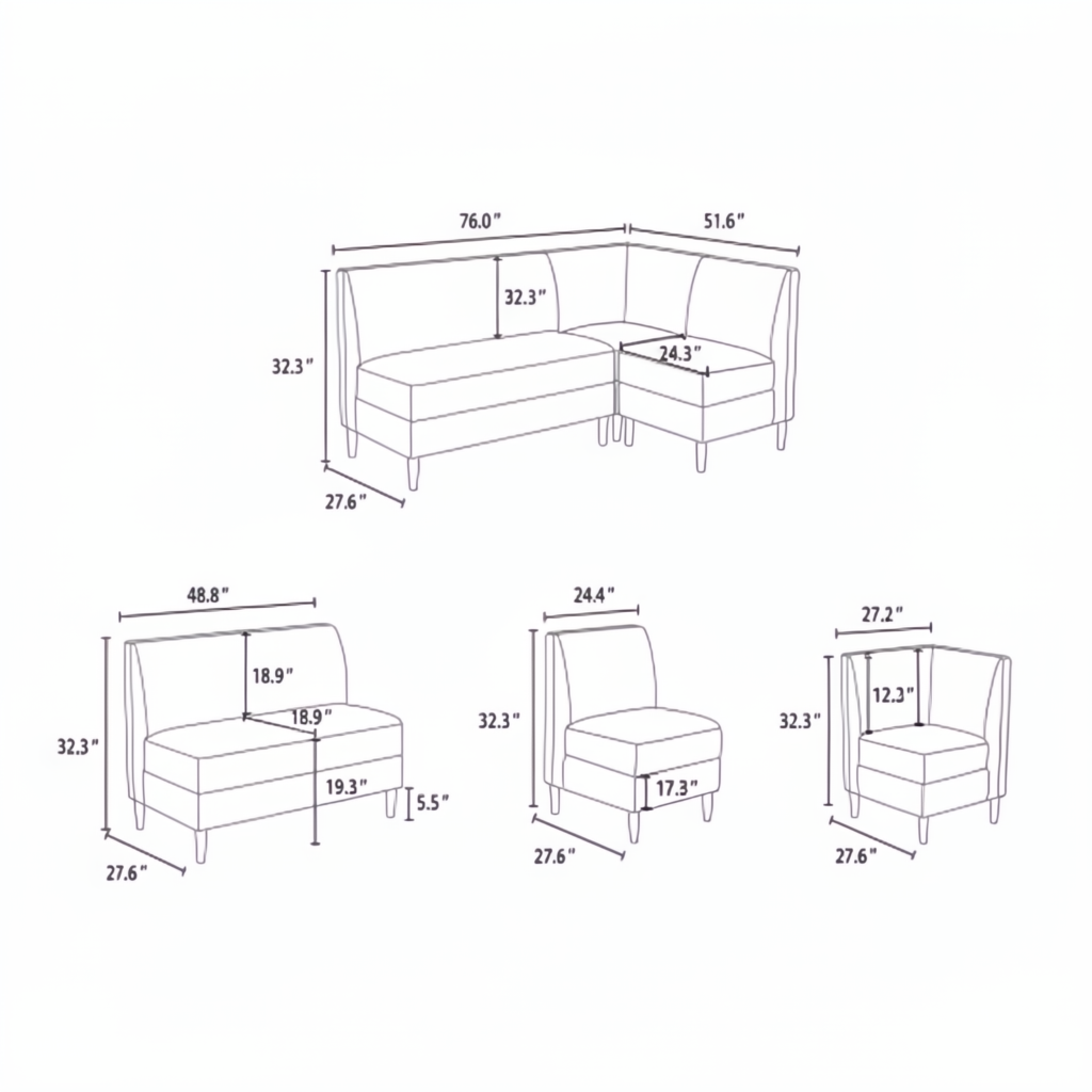 Line drawing of a light gray upholstered banquette bench, chair, and corner piece with dimensions.