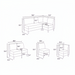 Line drawing of a light gray upholstered banquette bench, chair, and corner piece with dimensions.