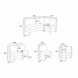 Line drawing of a light gray upholstered banquette bench, chair, and corner piece with dimensions.