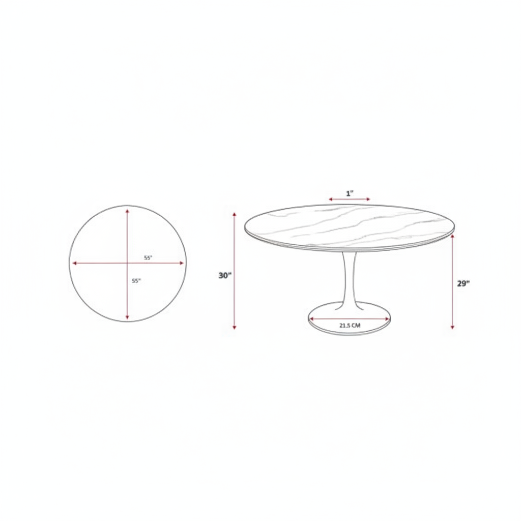 Surya Anatalia round dining table with brown acacia top and black iron base, 55"W x 30"H.