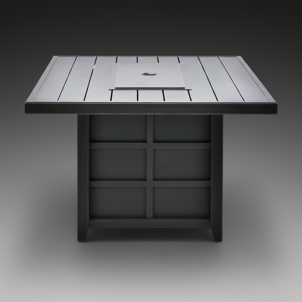 Surya Fairborn black hand-painted aluminum outdoor fire table with slatted top and square burner.